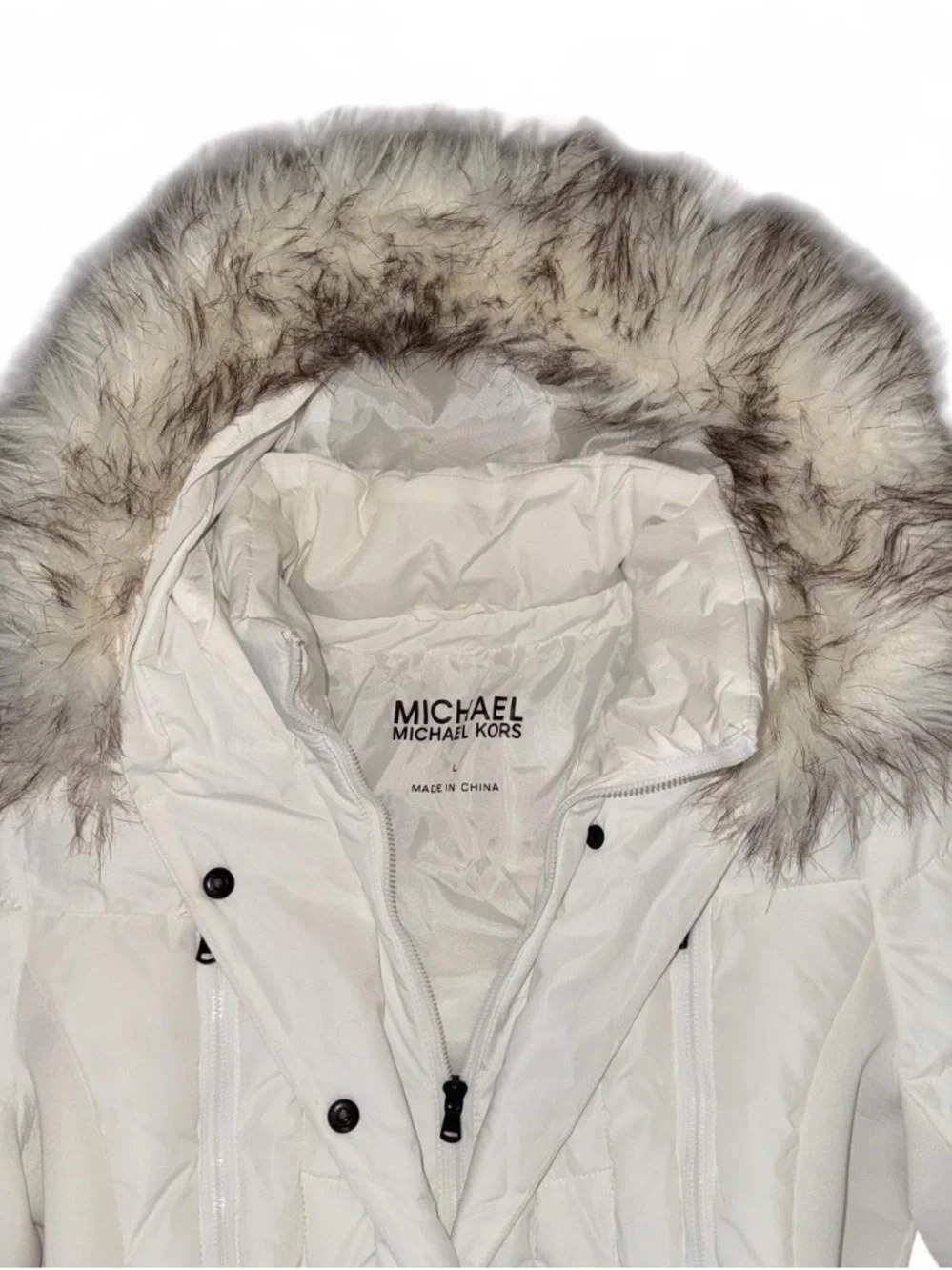 MICHAEL Michael Kors White Belted Puffer Coat Faux Fur Hood Women’s Large